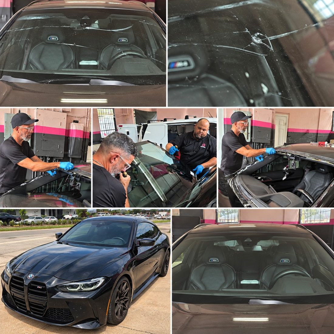 BMW M4 windshield replacement at Optic-Kleer Autoglass of Tampa: cracked windshield, removal, installation and finished car